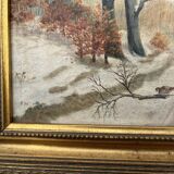painting Winter landscape with cart and pheasants signed FH