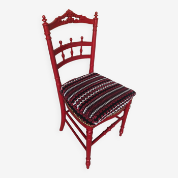 Red carved wood bedroom chair & vintage striped fabric seat