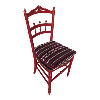 Chaise chambre bois sculpté rouge & assise tissu rayé vintage