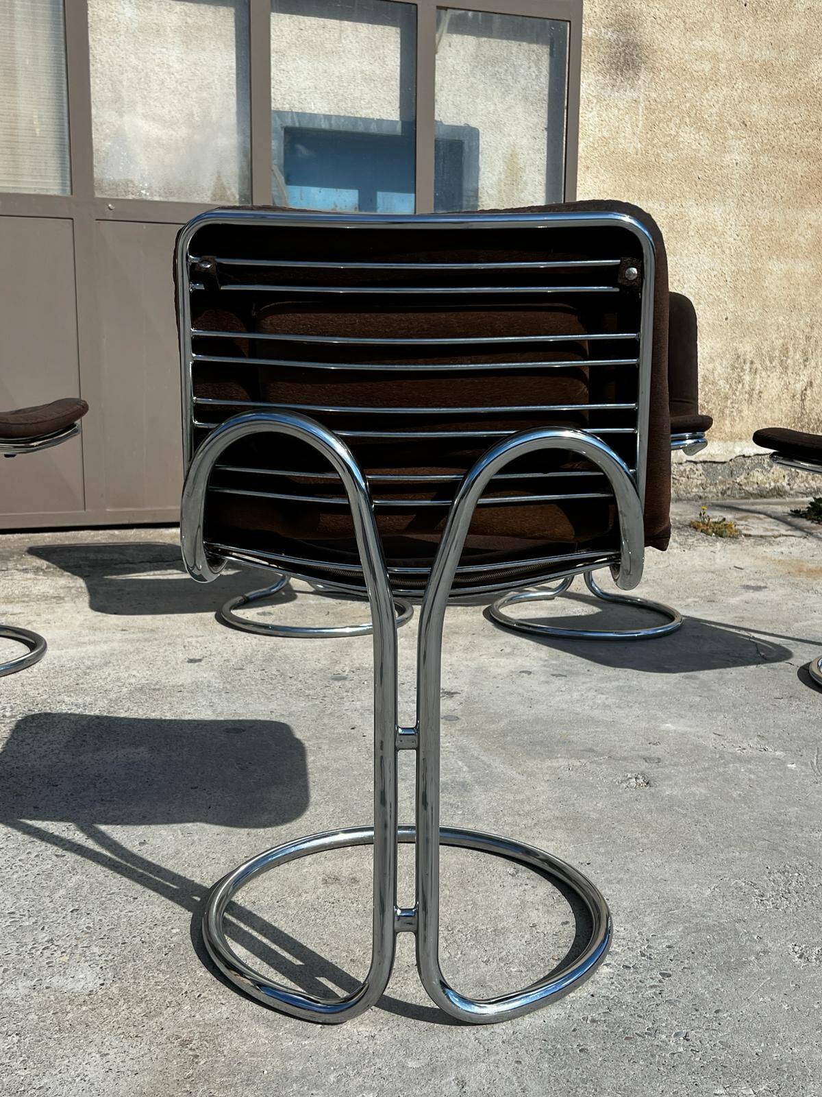 Set of 6 vintage Gastone Rinaldi style chrome steel chairs