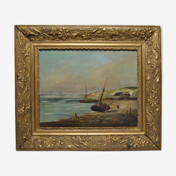 Tableau marine peinture ancienne 19 siècle plage bateau pèche pécheur mer océan