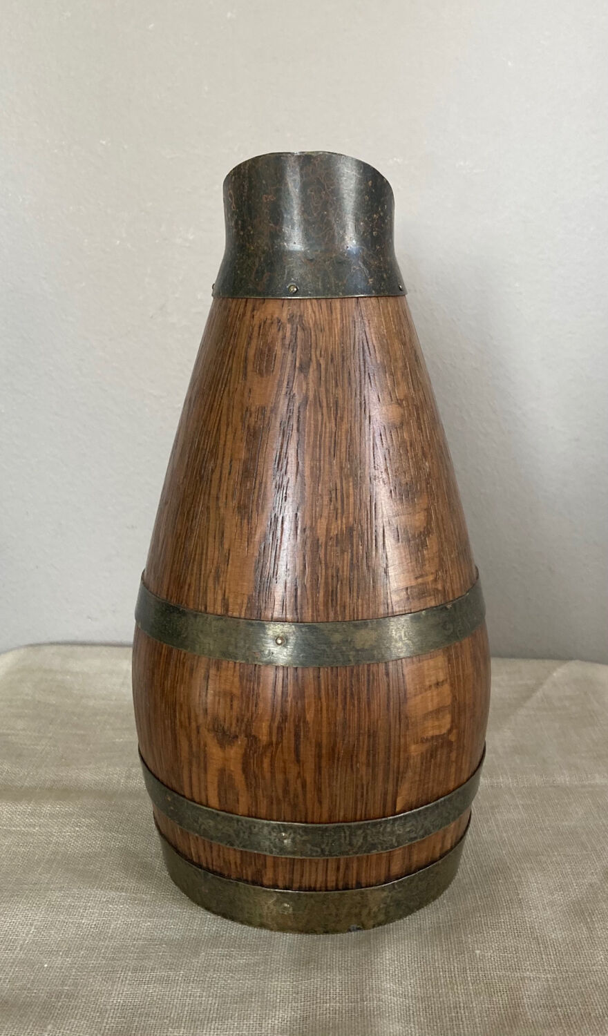 Beaune brandy pitcher in solid oak with brass rims 1970s