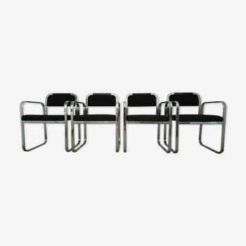 Suite of 4 armchairs chrome wood lacquer and black fabrics design Italian 80s