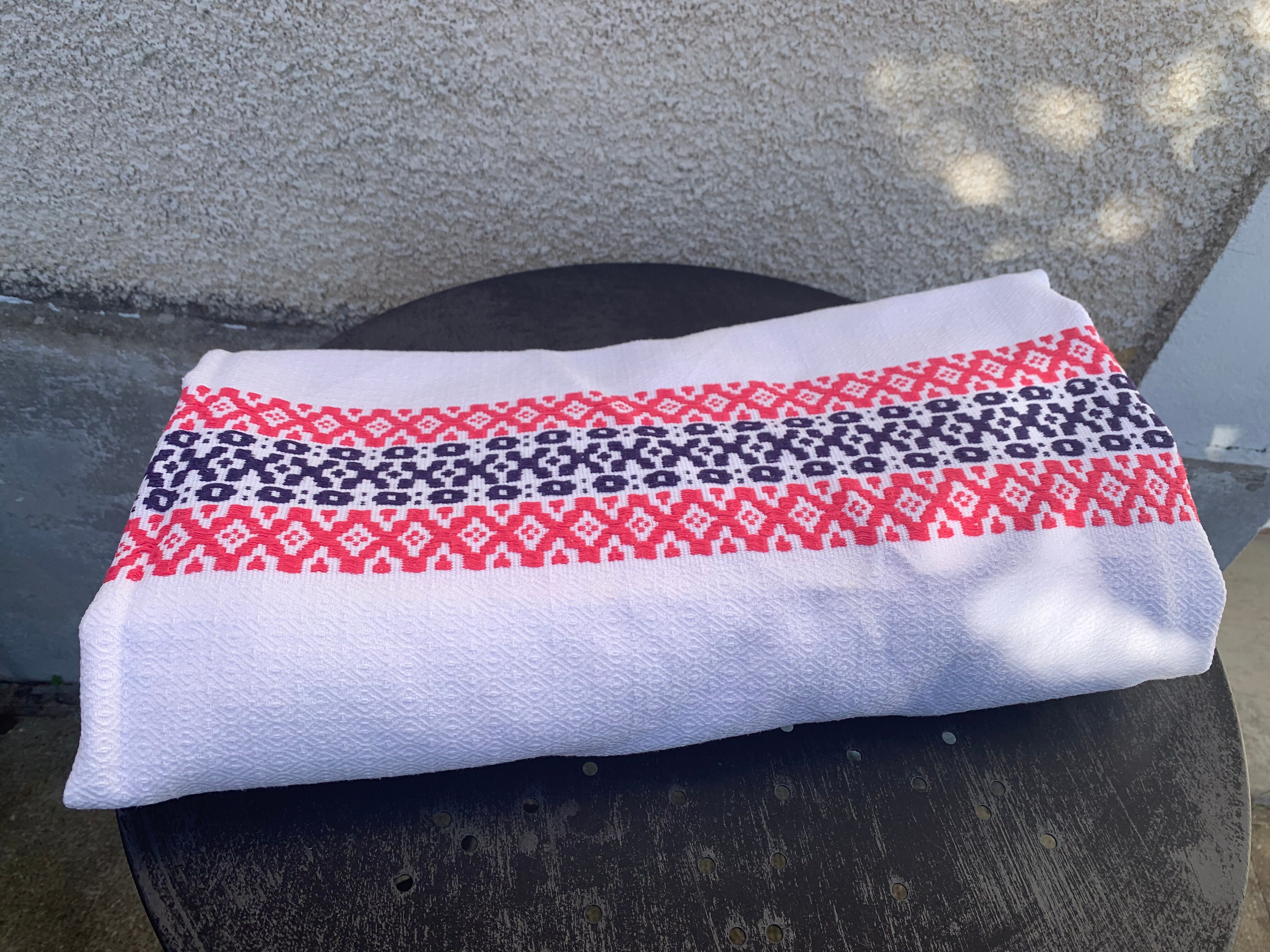 Rectangular tablecloth, Basque linen, original, pink and indigo blue frieze pattern on white cotton