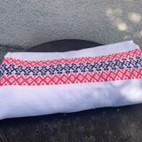 Rectangular tablecloth, Basque linen, original, pink and indigo blue frieze pattern on white cotton