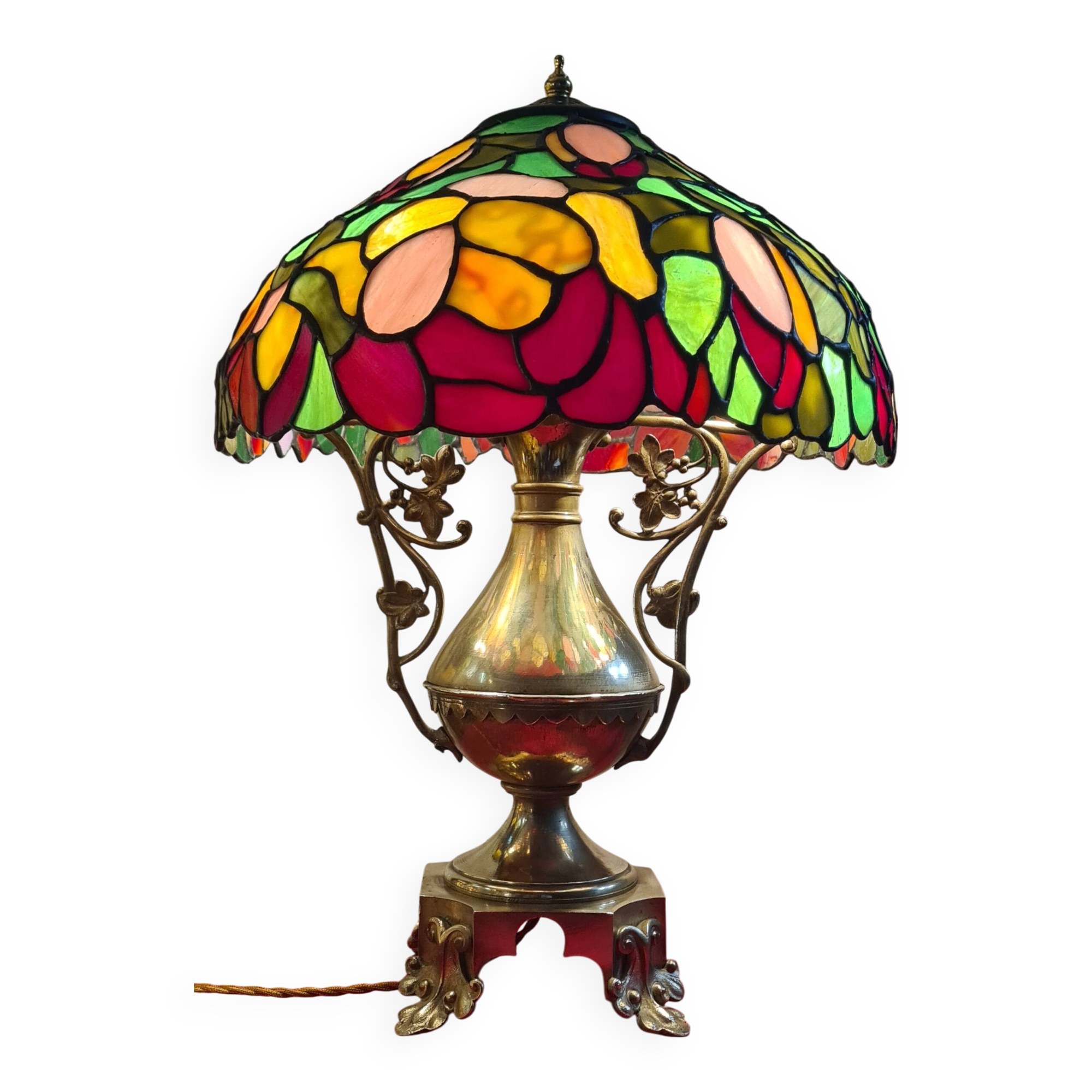 Antique bronze lamp and Tiffany-style stained glass shade. 46x32