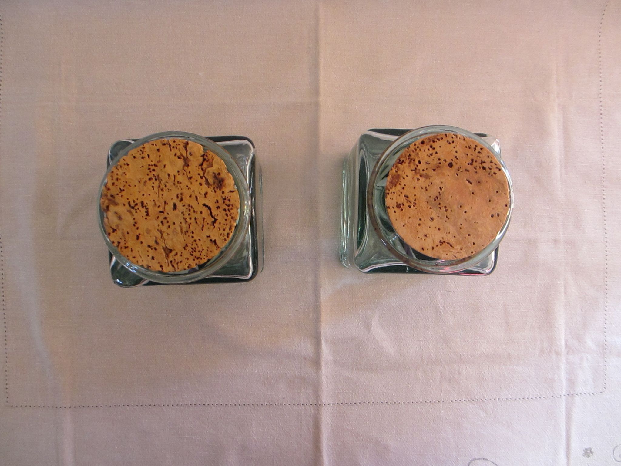 2 glass jars with crusted cork stopper