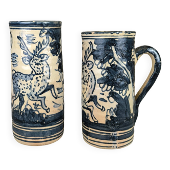 Set of two large vintage glazed terracotta mugs.