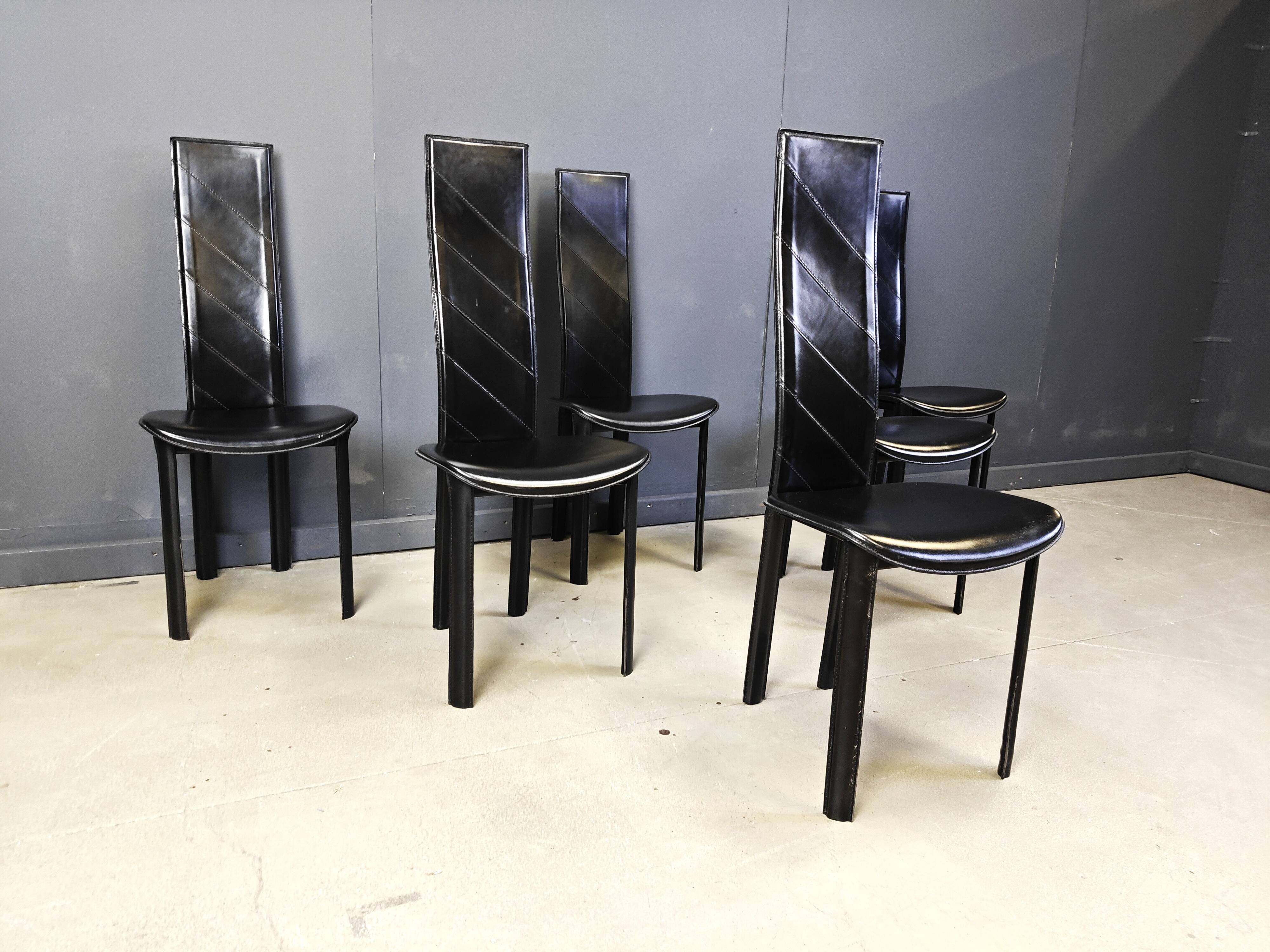 Chaises de salle à manger vintage en cuir noir à dossier haut, lot de 6, années 1980