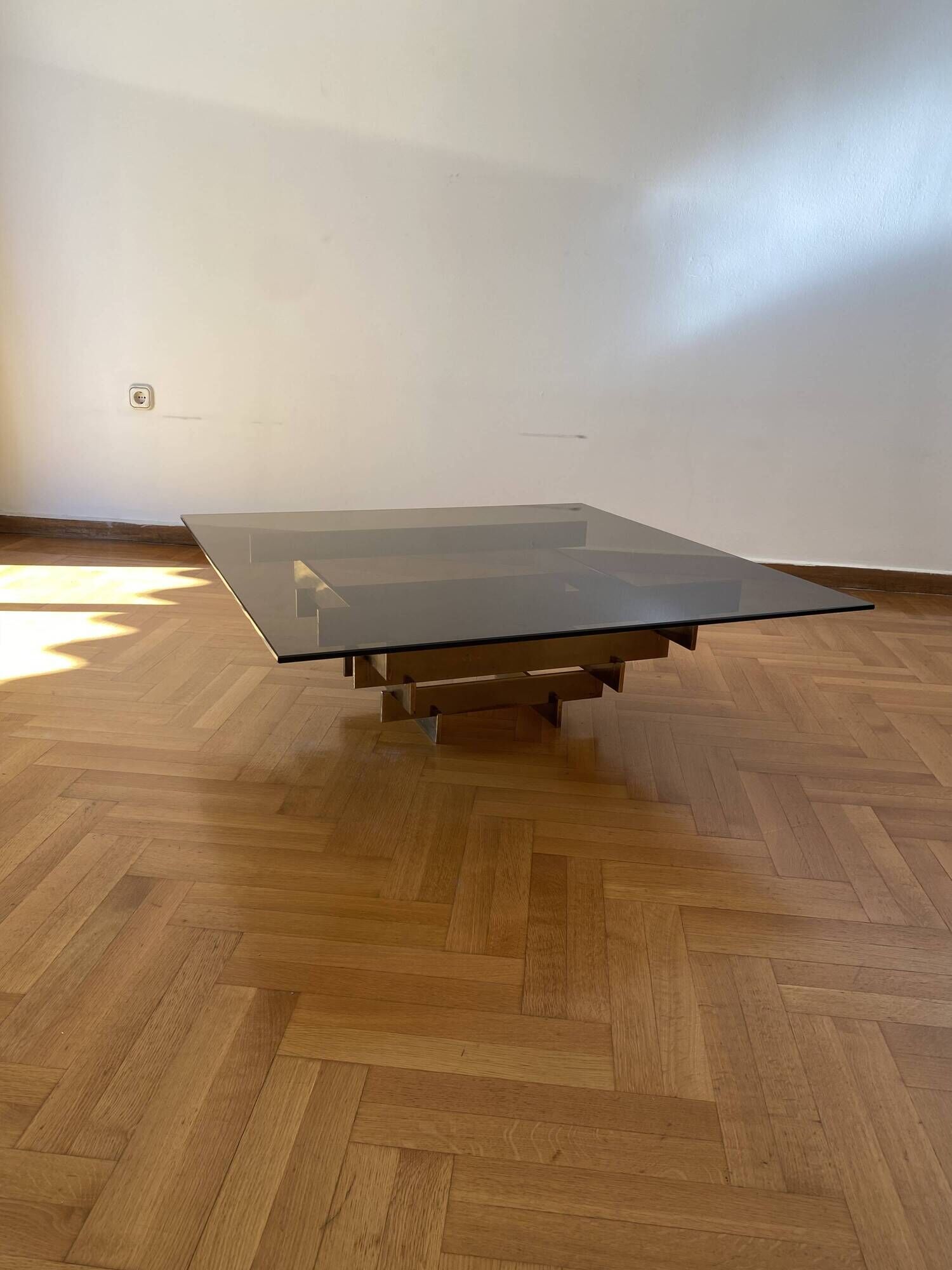 Vintage 1970s Square Coffee Table in Brass and Smoked Glass, David Hicks