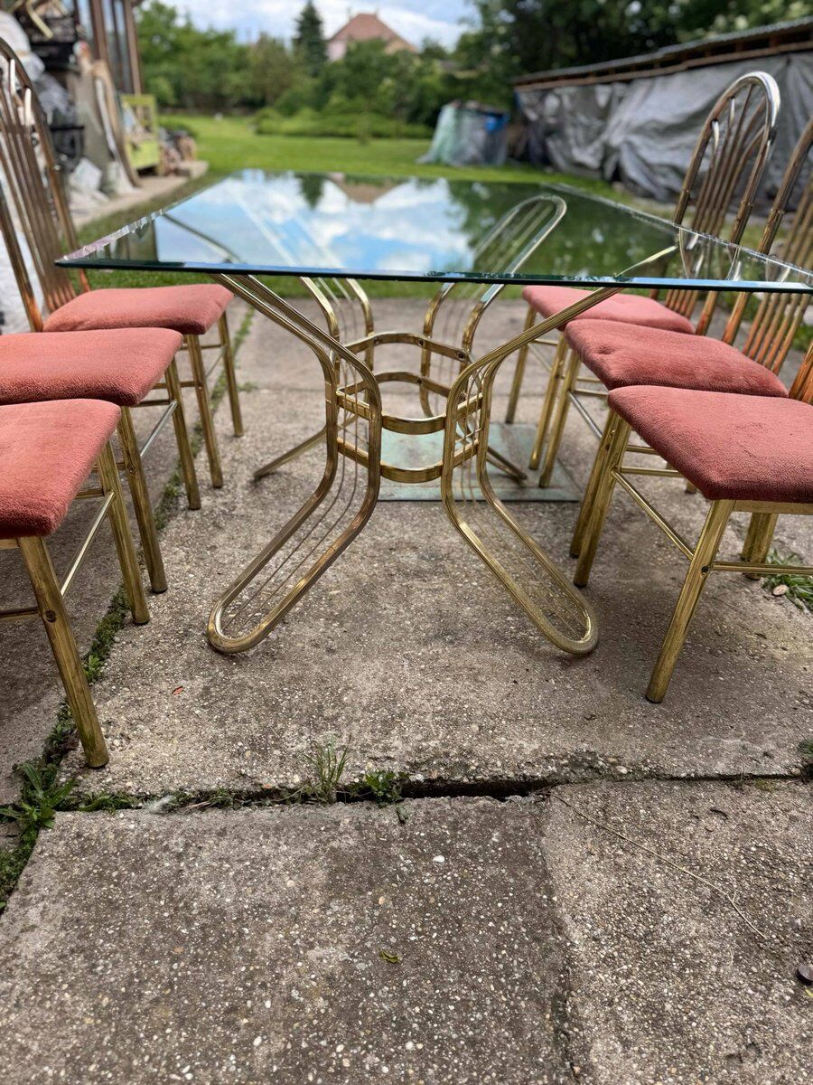 Italian brass dining table and chairs, 1970s, set of 7