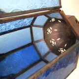 Electrifiable oriental lantern vintage chiseled blue glass 44cm