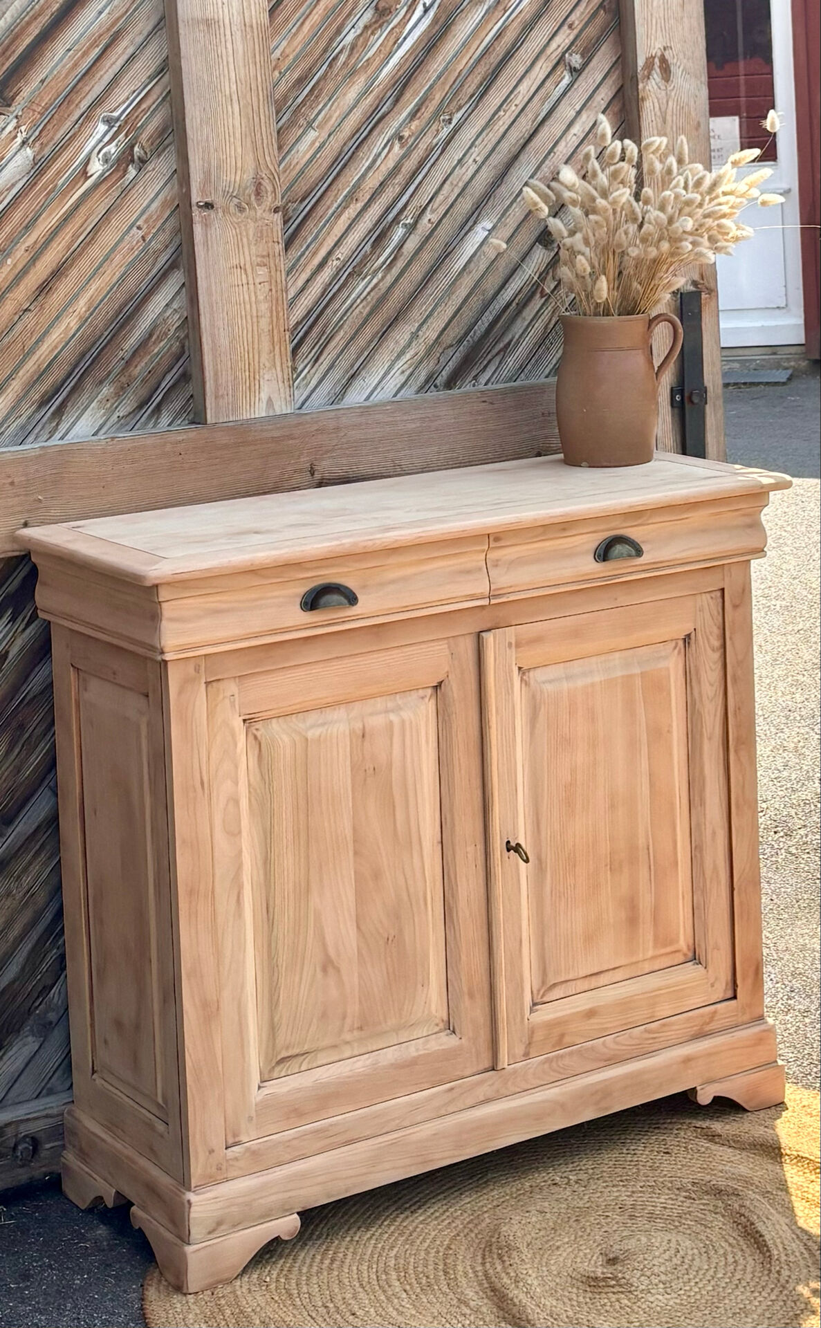 Narrow buffet renovated in raw solid wood / entrance console with 2 drawers