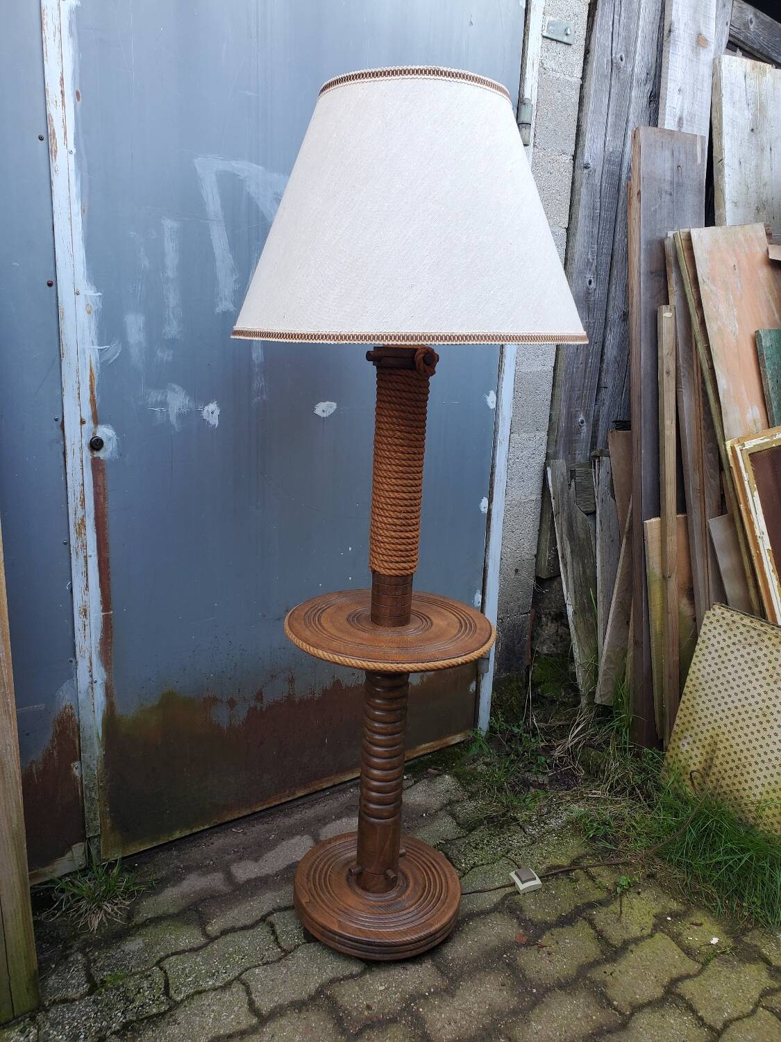 Turned wood and rope floor lamp in the Charles Dudouyt style