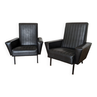Set of 2 vintage black skai armchairs