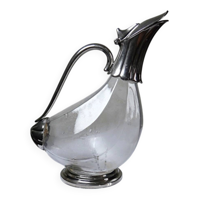 Aiguière vintage en verre et métal argenté, pichet/carafe moderniste 1950-1970
