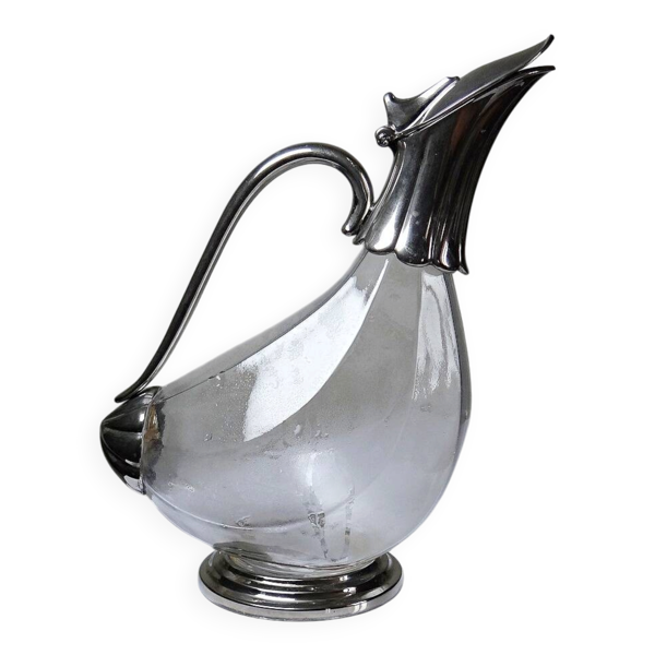 Aiguière vintage en verre et métal argenté, pichet/carafe moderniste 1950-1970