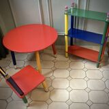 Postmodern round table, chair and bookcase by Pierre Sala 1980