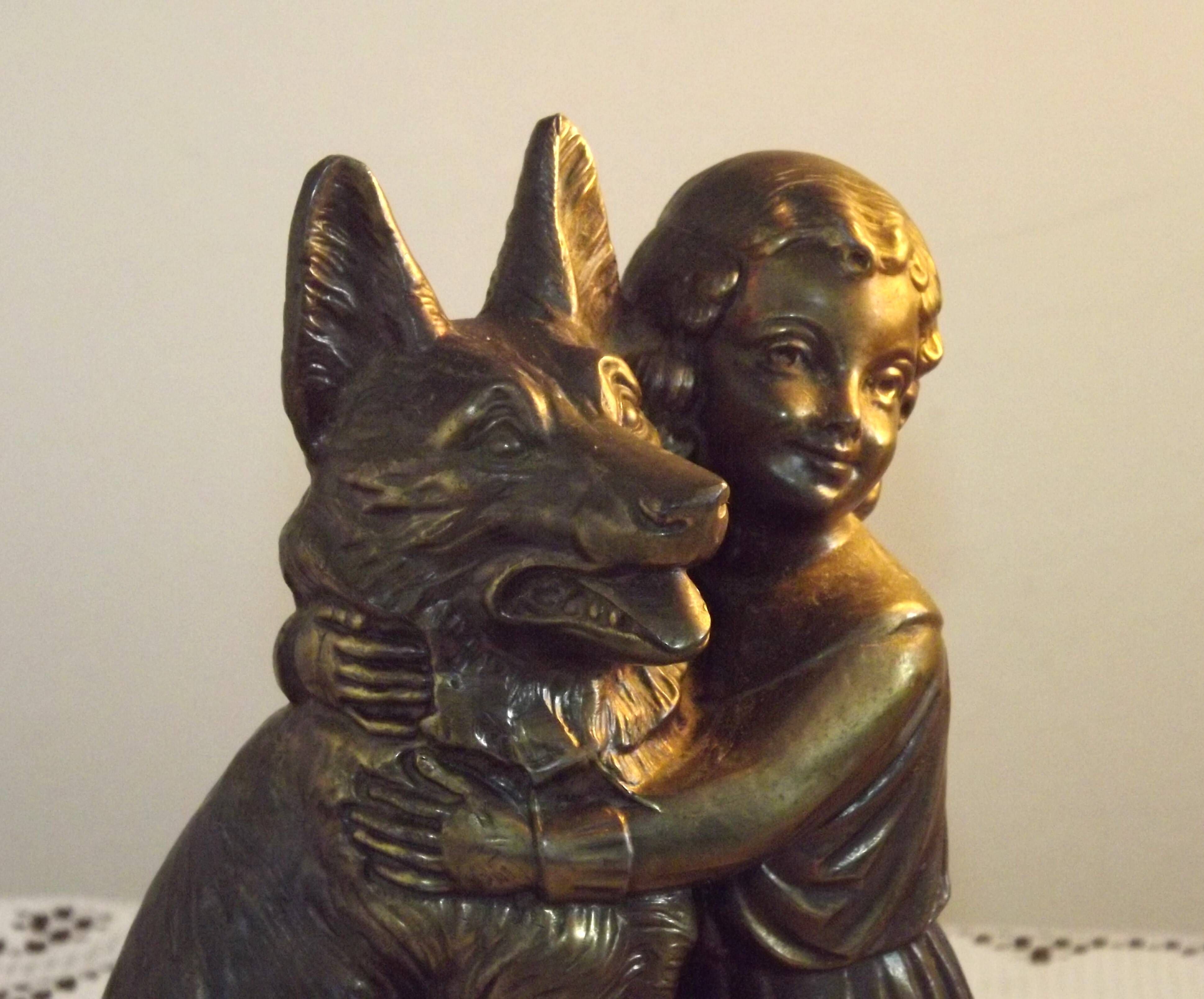 French Art Deco Table Lamp – Kneeling Girl with Dog & Clichy Glass Shade