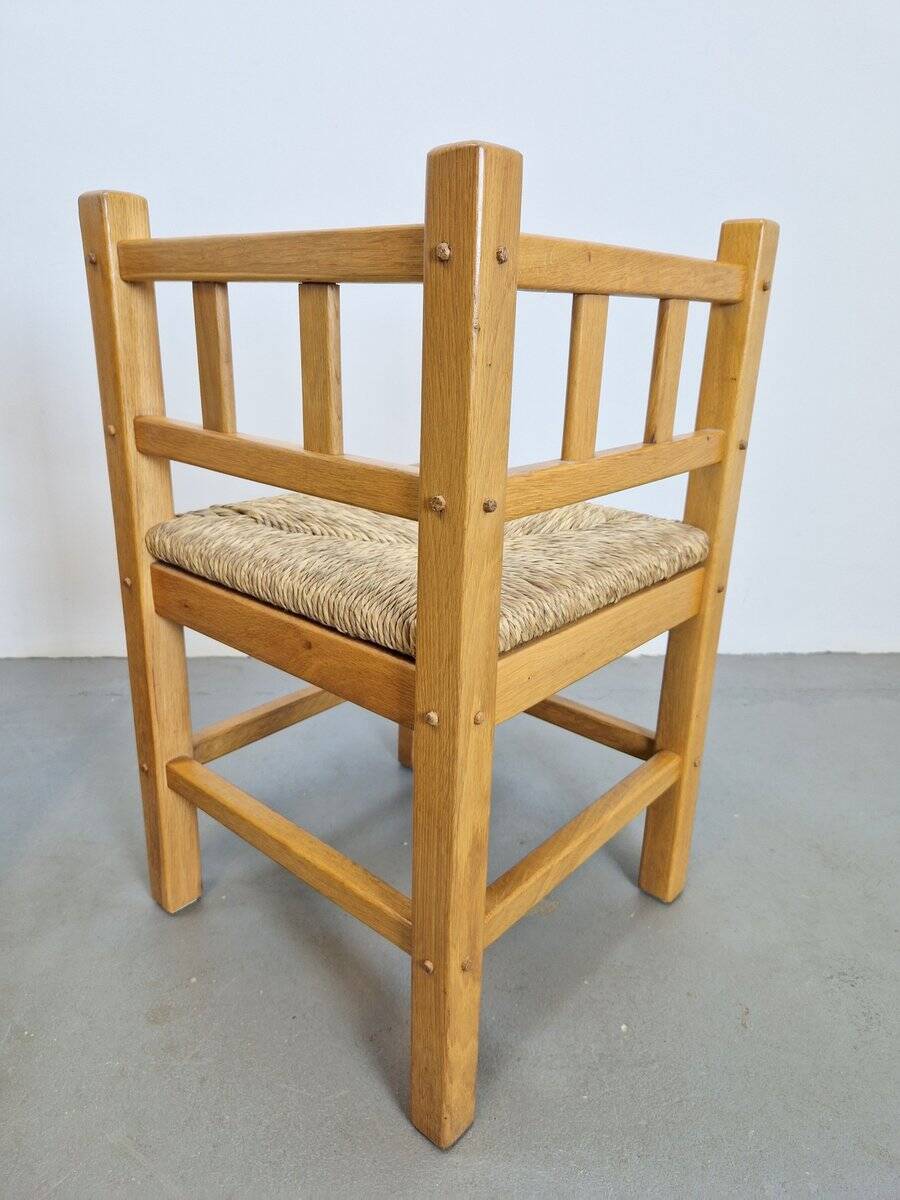 Dutch Modernist Art Deco Style Corner Chair in Oak and Rush, 1950s, Set of 2