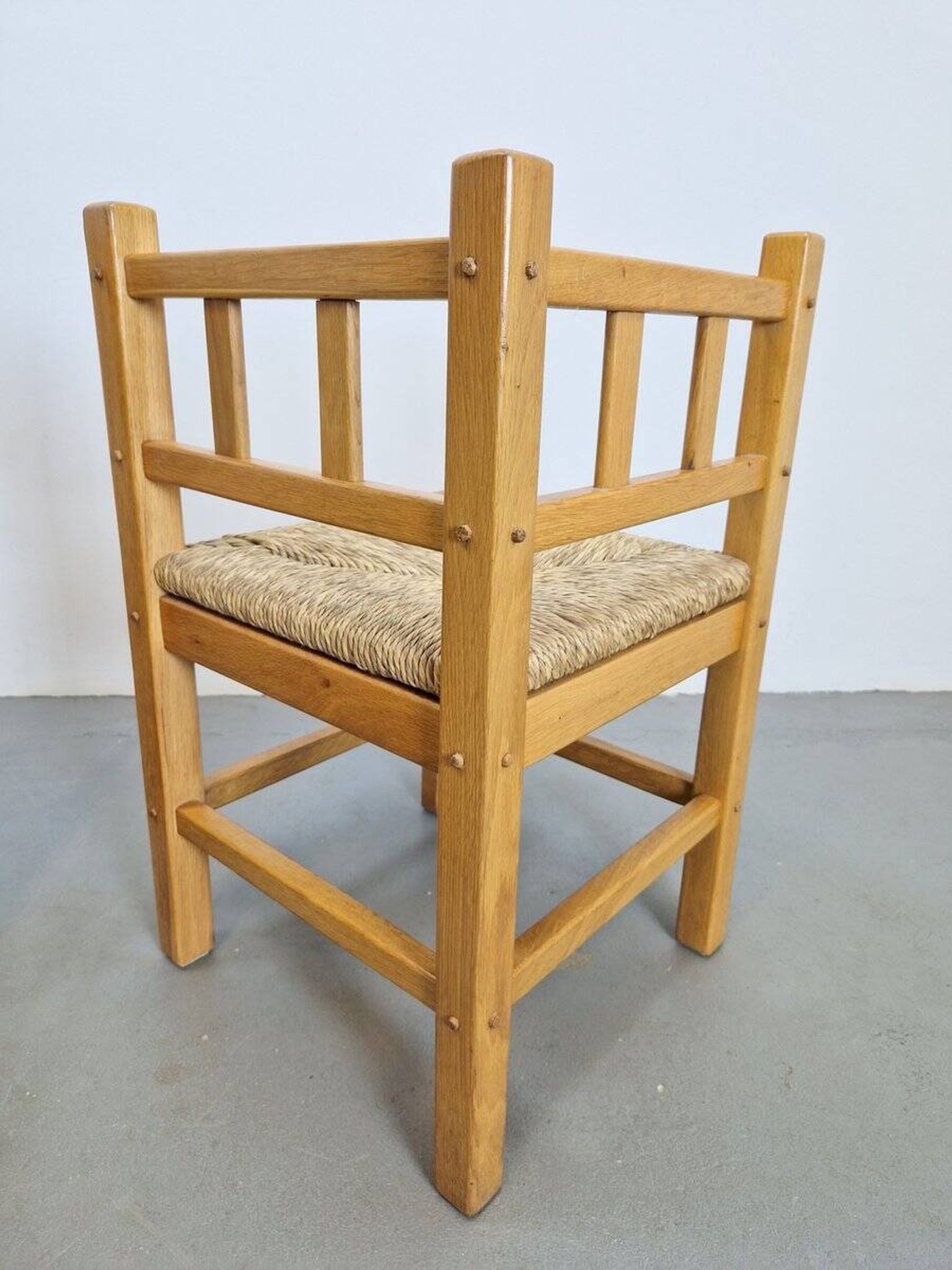 Dutch Modernist Art Deco Style Corner Chair in Oak and Rush, 1950s, Set of 2