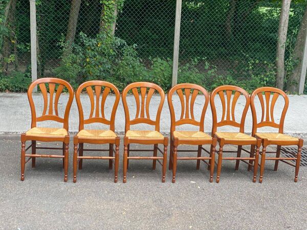 6 chaises campagnardes en merisier massif paillées des années 90