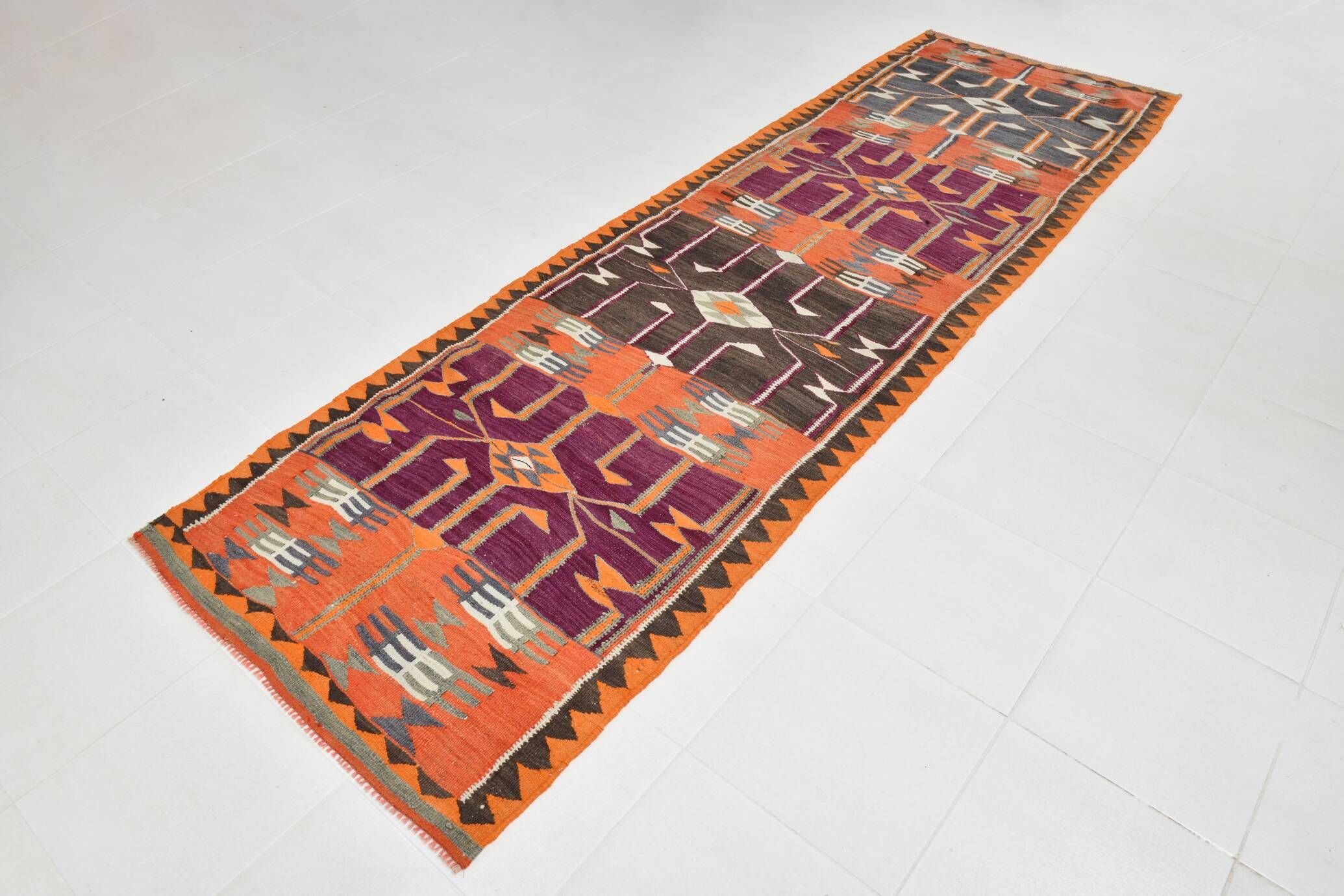 4x12 Kilim Multicolor Rare Size Pattern Kilim Rug, 113x364Cm