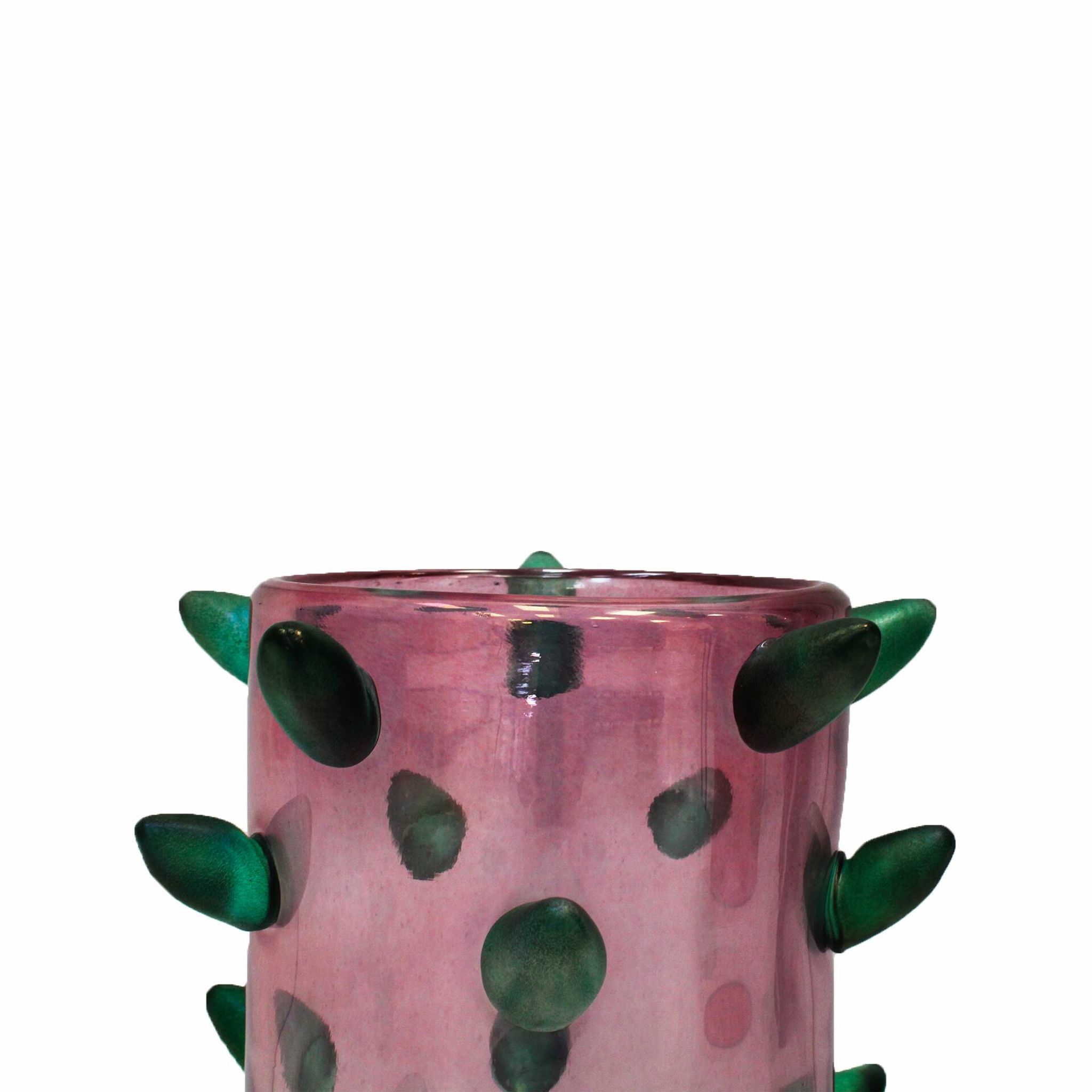 Two Pink and Green Murano Glass Art Deco Vases with Applied Spikes, 80s