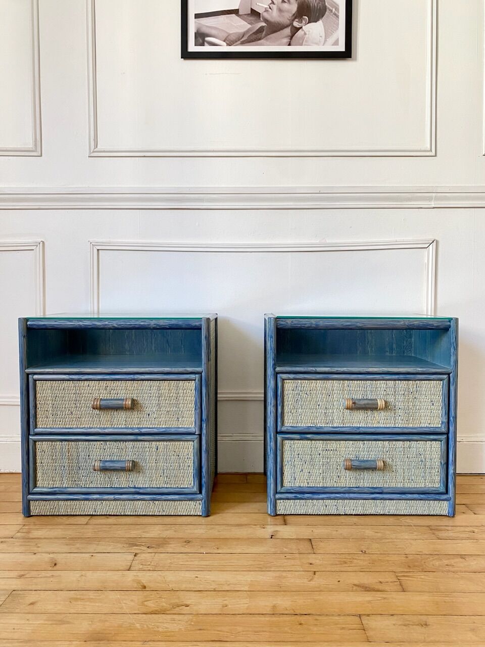 Pair of vintage rattan bedside tables