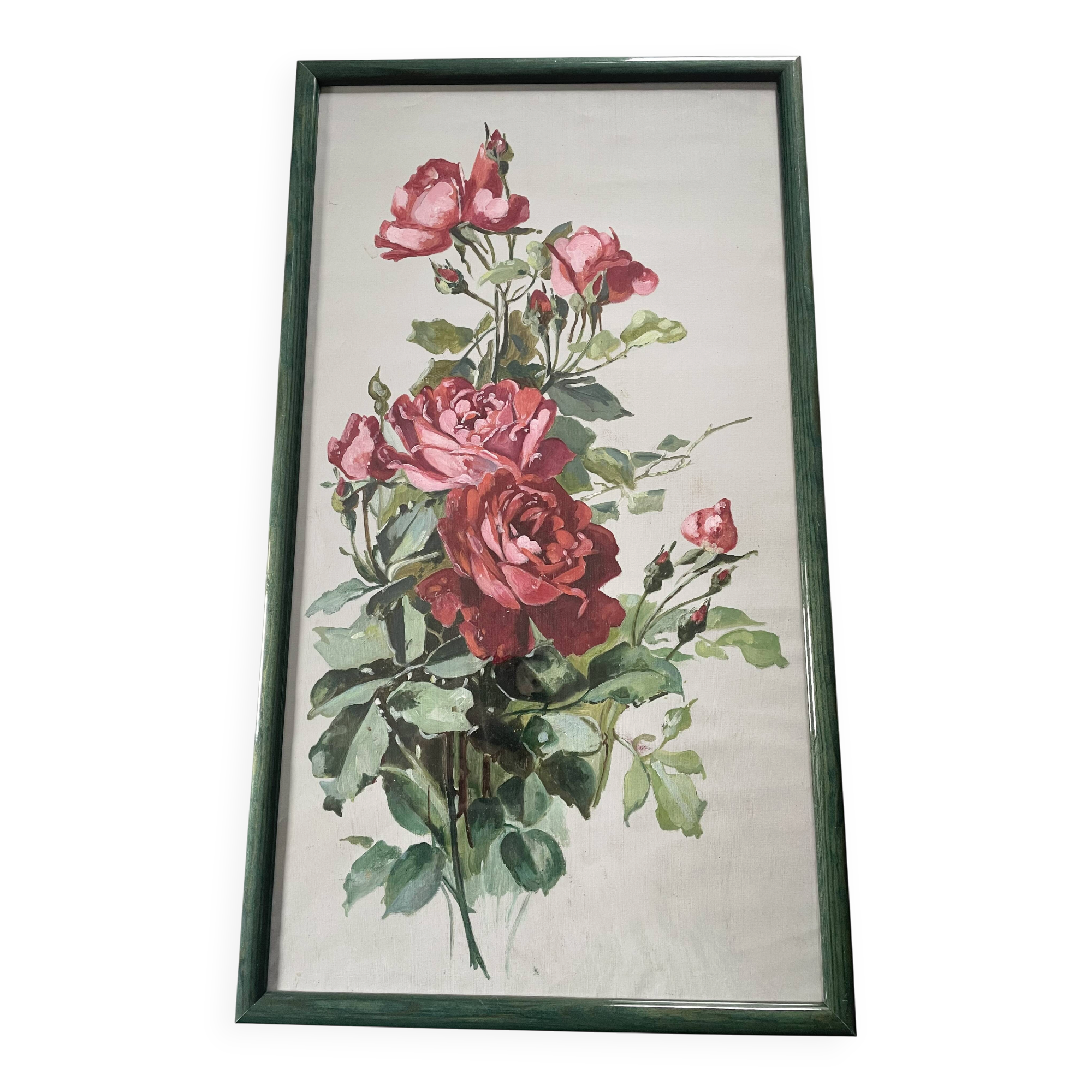 Old painting on paper depicting roses, framed.