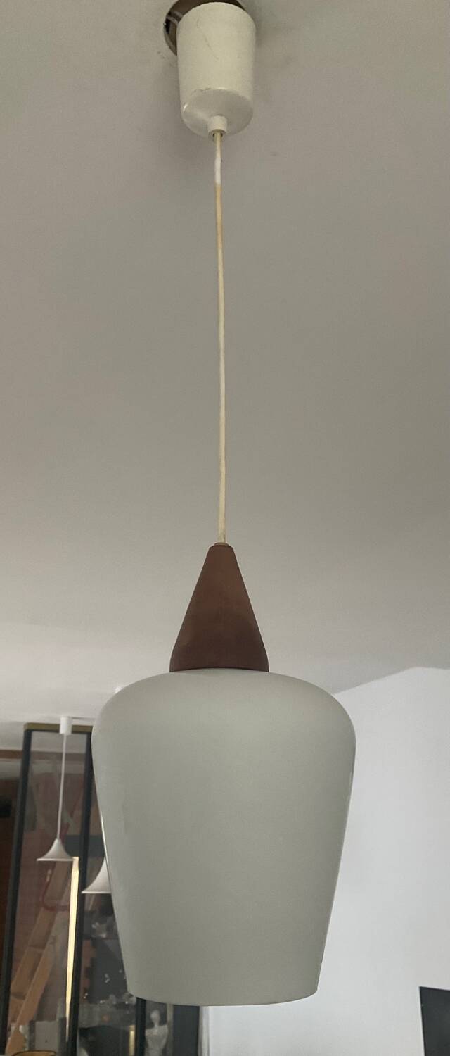 Louis Kalff 60s pendant light in teak and opaline