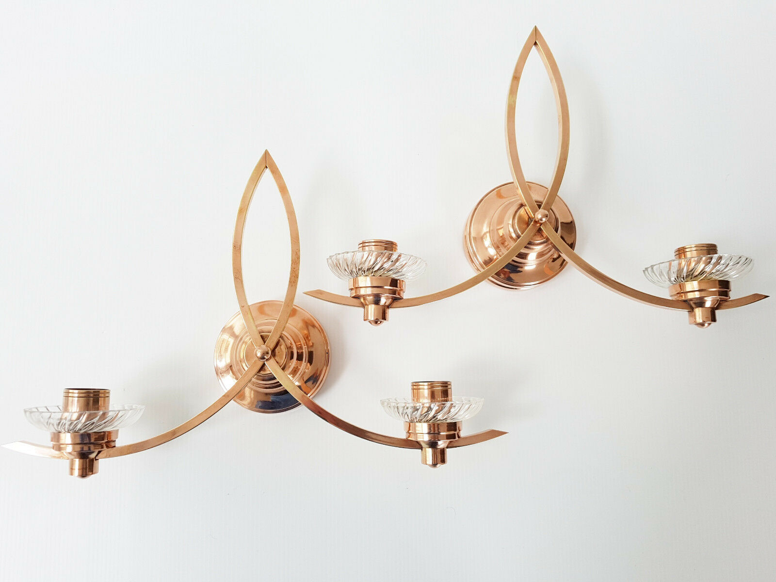 Pair of vintage 1950 copper & glass wall lamps