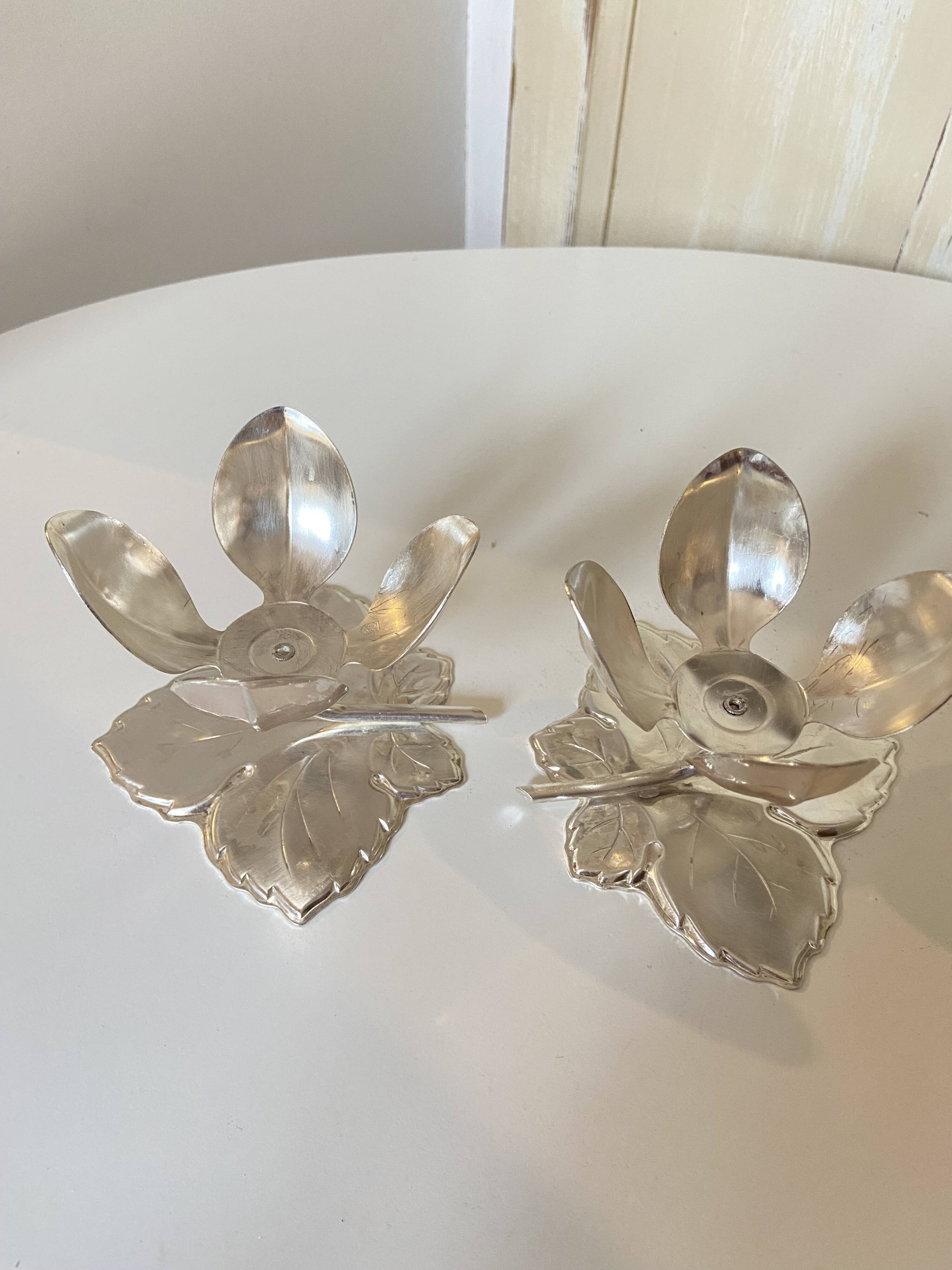 Set of 2 Silver Candle Holders - Tulip Shape on Vine Leaf