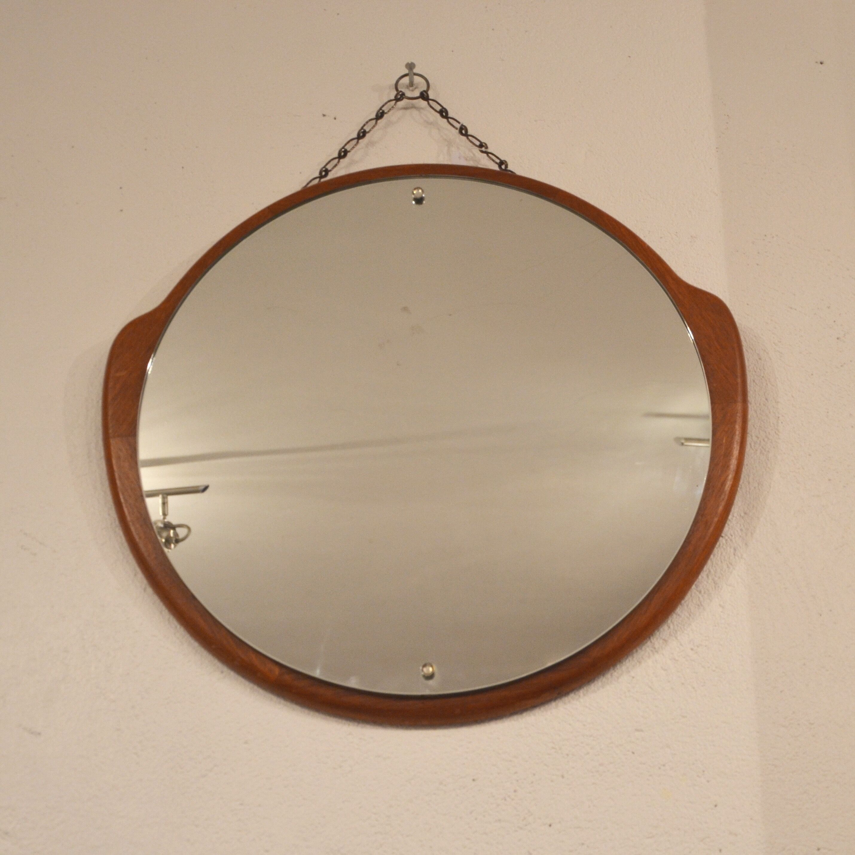 Scandinavian round mirror teak