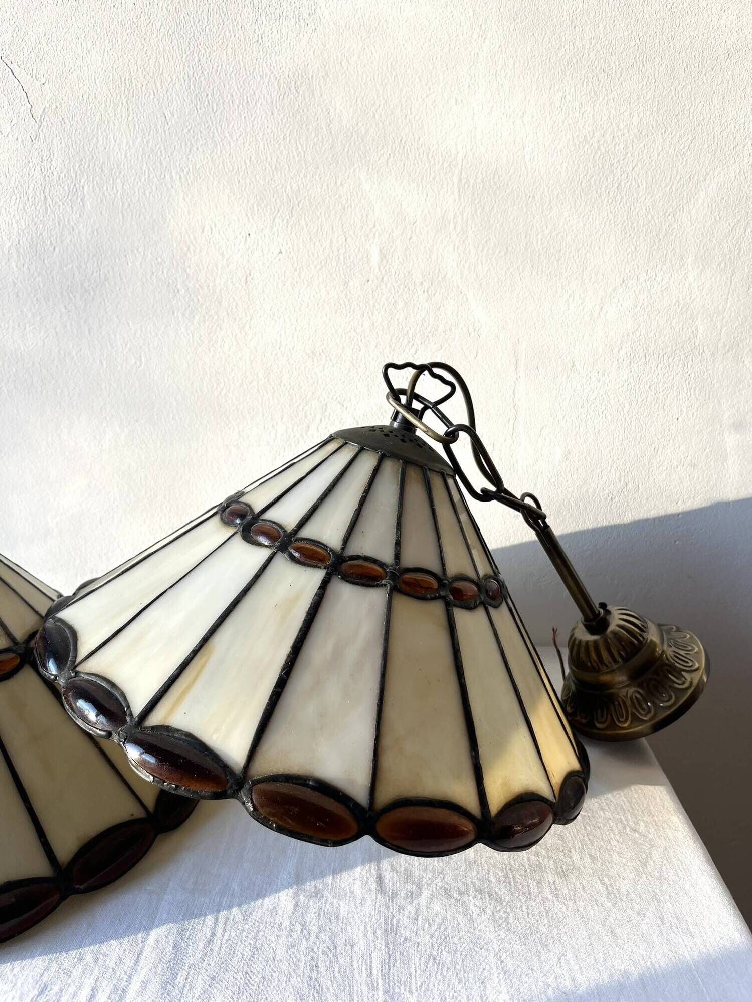 Pair of glass pendant lights in Art Nouveau Tiffany style