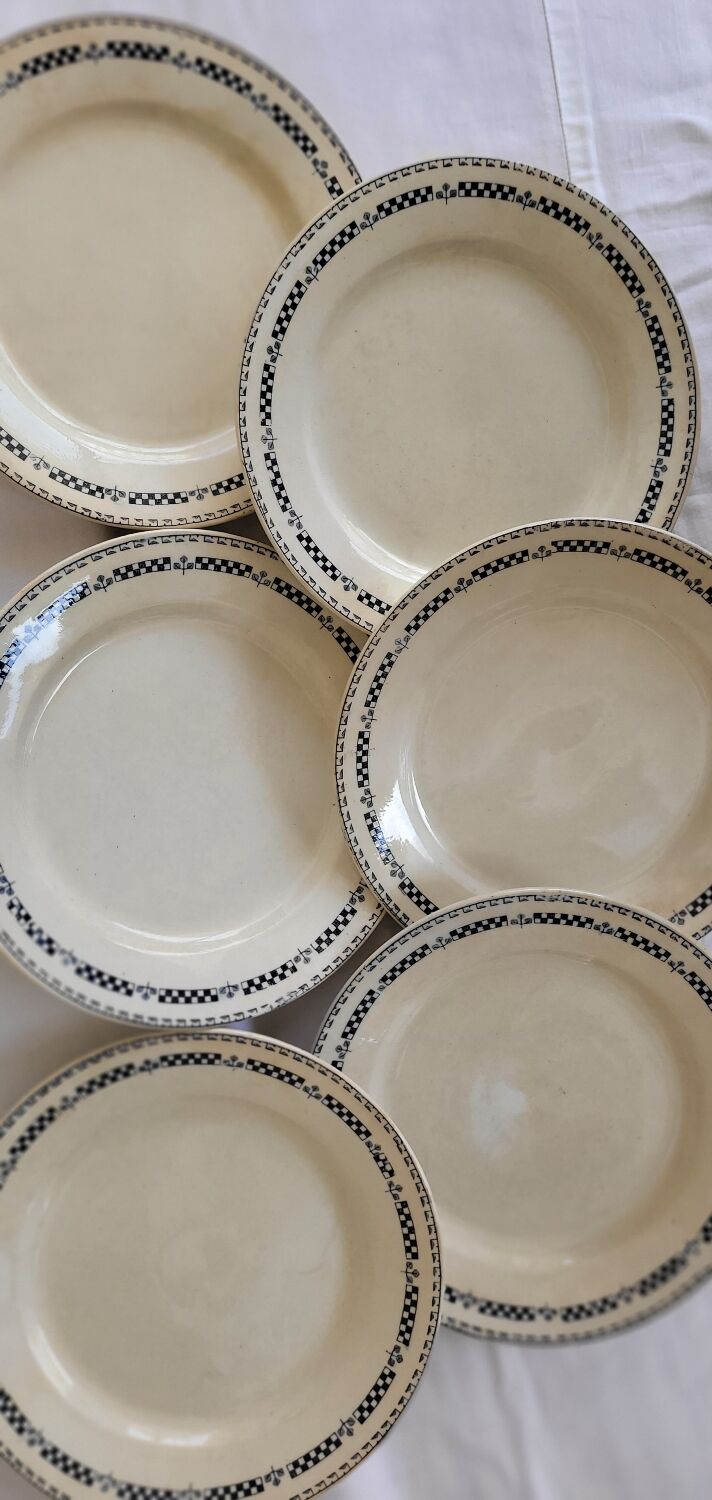 Set of 6 flat plates model Sofia Gien Terre de fer border flowery blue and fo d cream