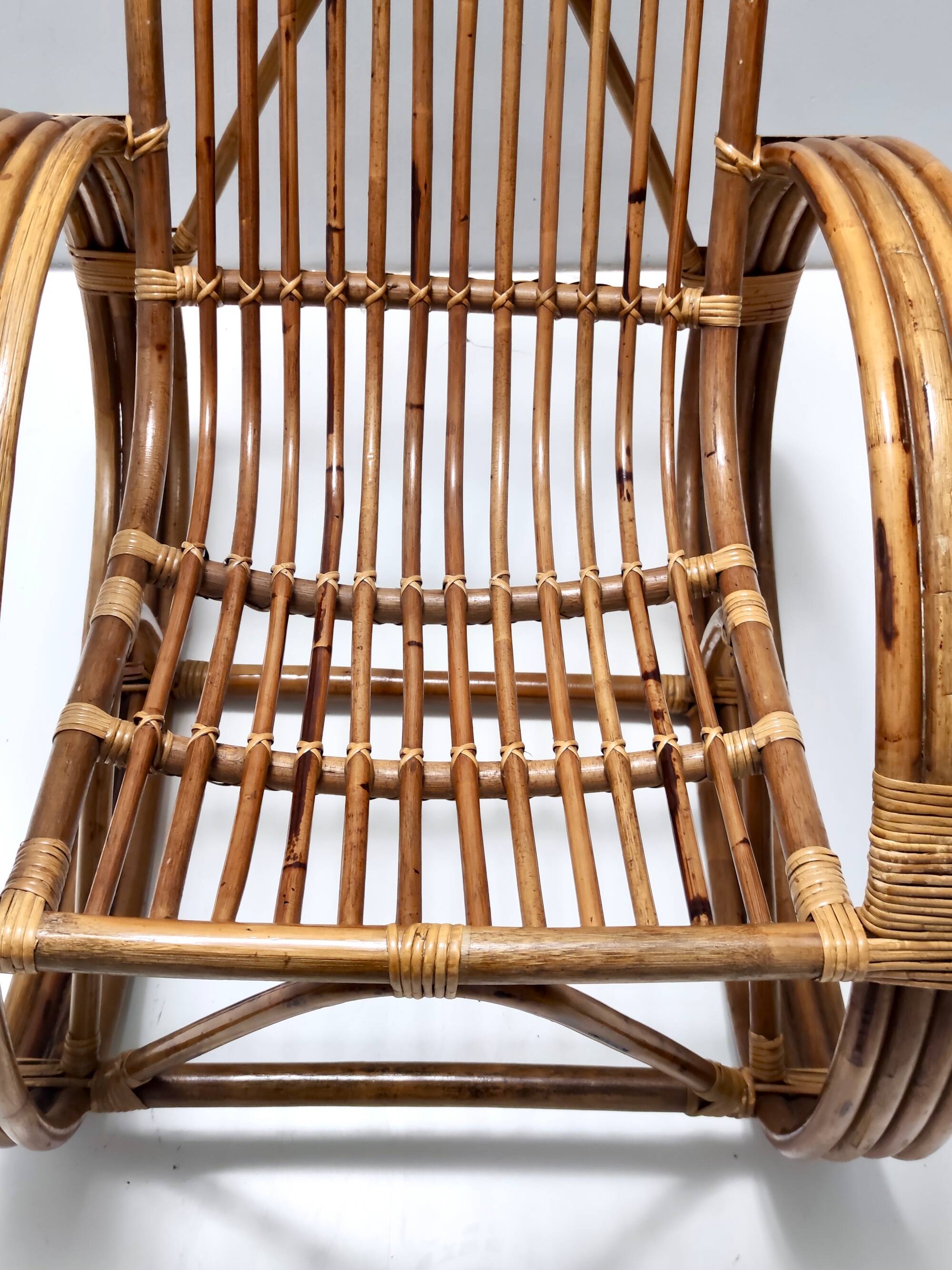 1970s Postmodern Bamboo Rocking Chair with Vintage Fabric Cushion