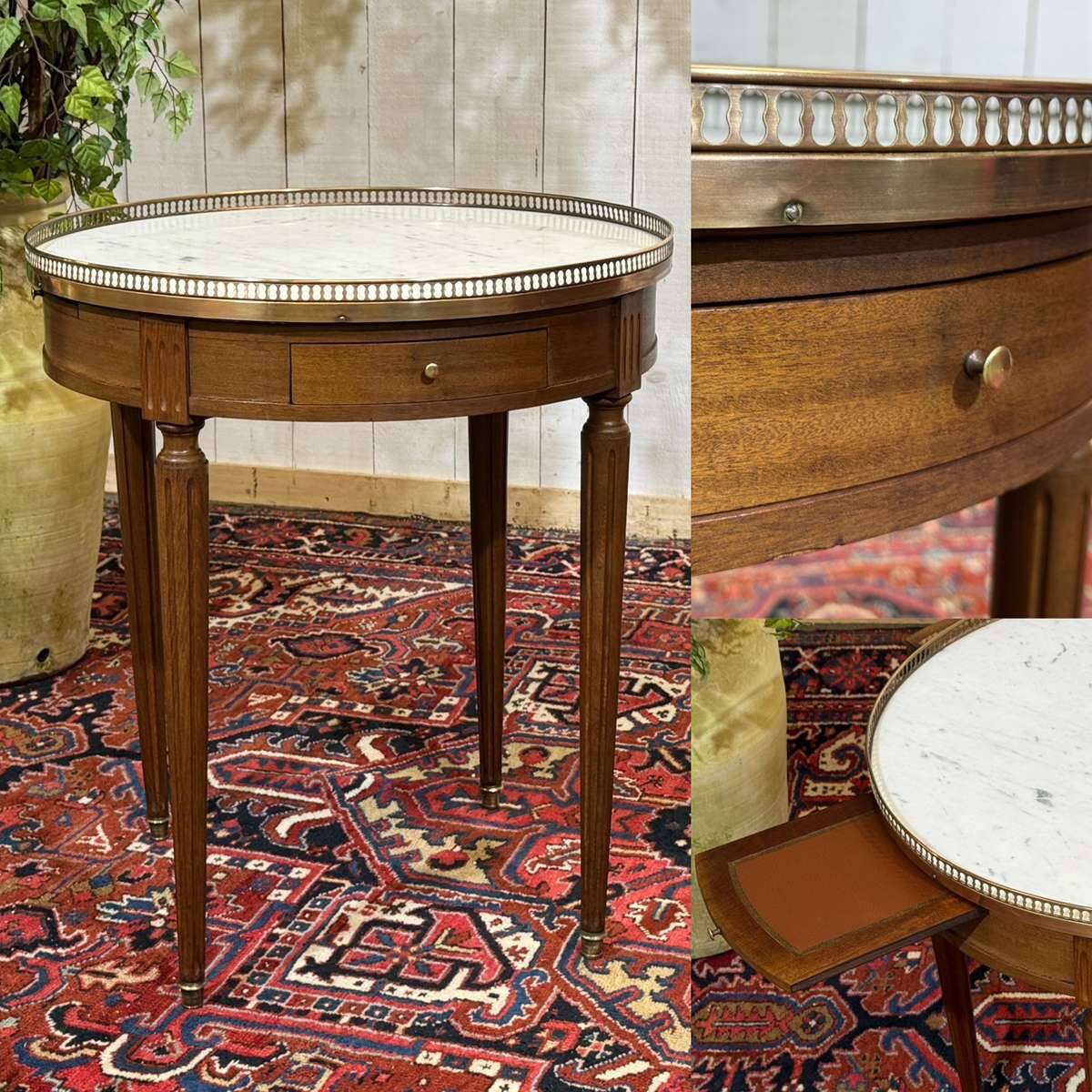 Louis XVI style bouillotte table from the 1960s in mahogany with a marble top.