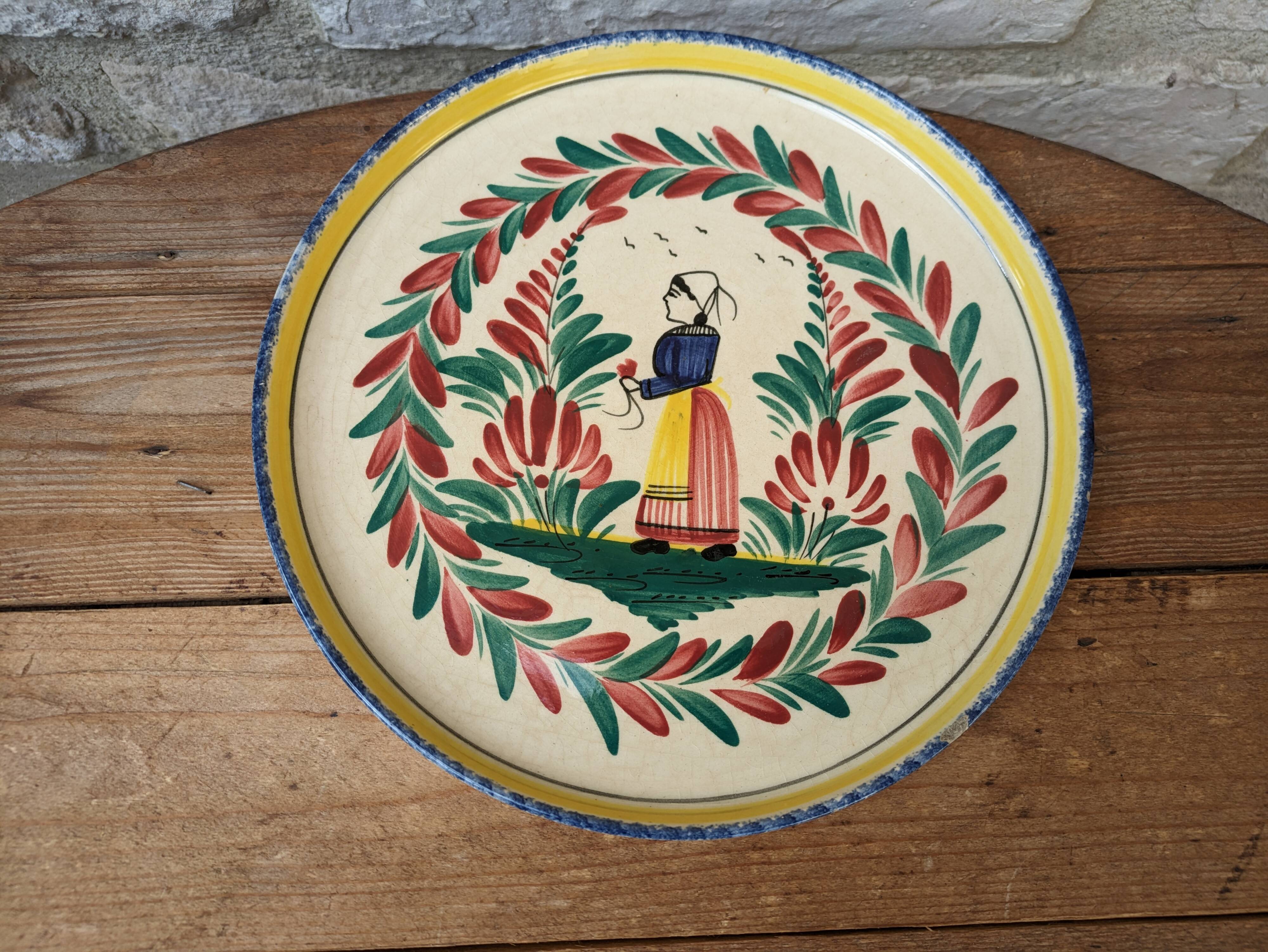 Old HB Henriot Quimper rimmed plate with Breton decor