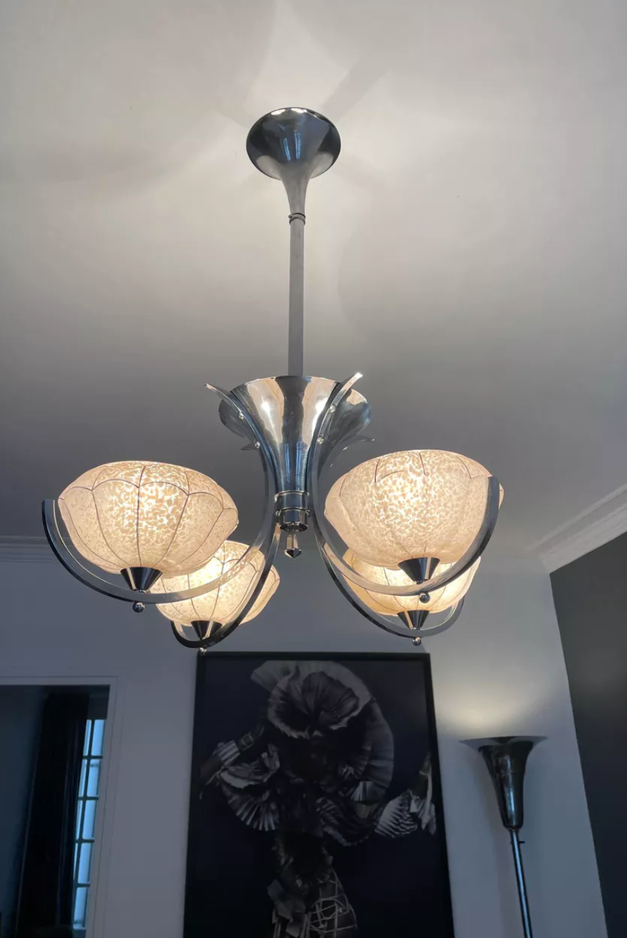 Vintage art deco chandelier, chrome and pink glass, vintage 1930