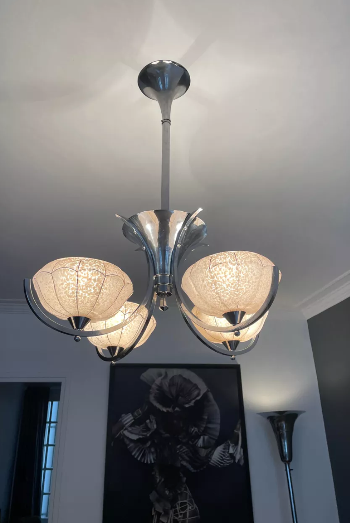 Vintage art deco chandelier, chrome and pink glass, vintage 1930