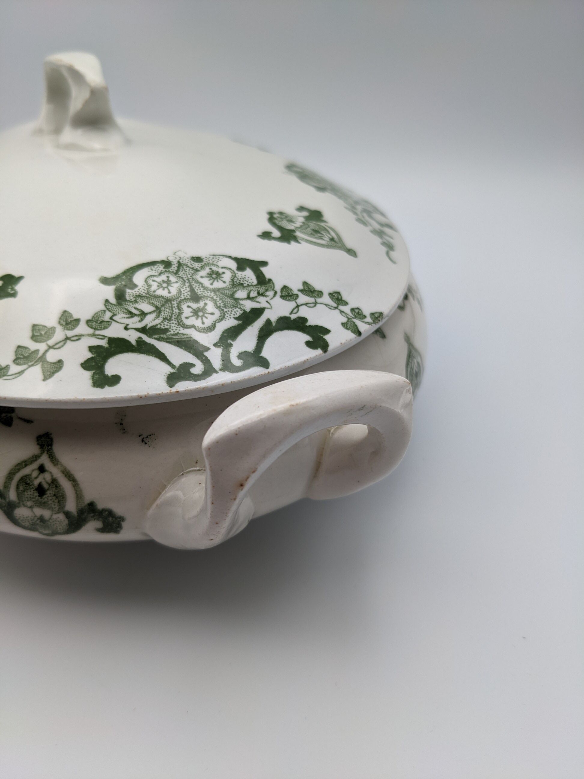 vegetable serving dish tureen earthenware English floral green decoration
