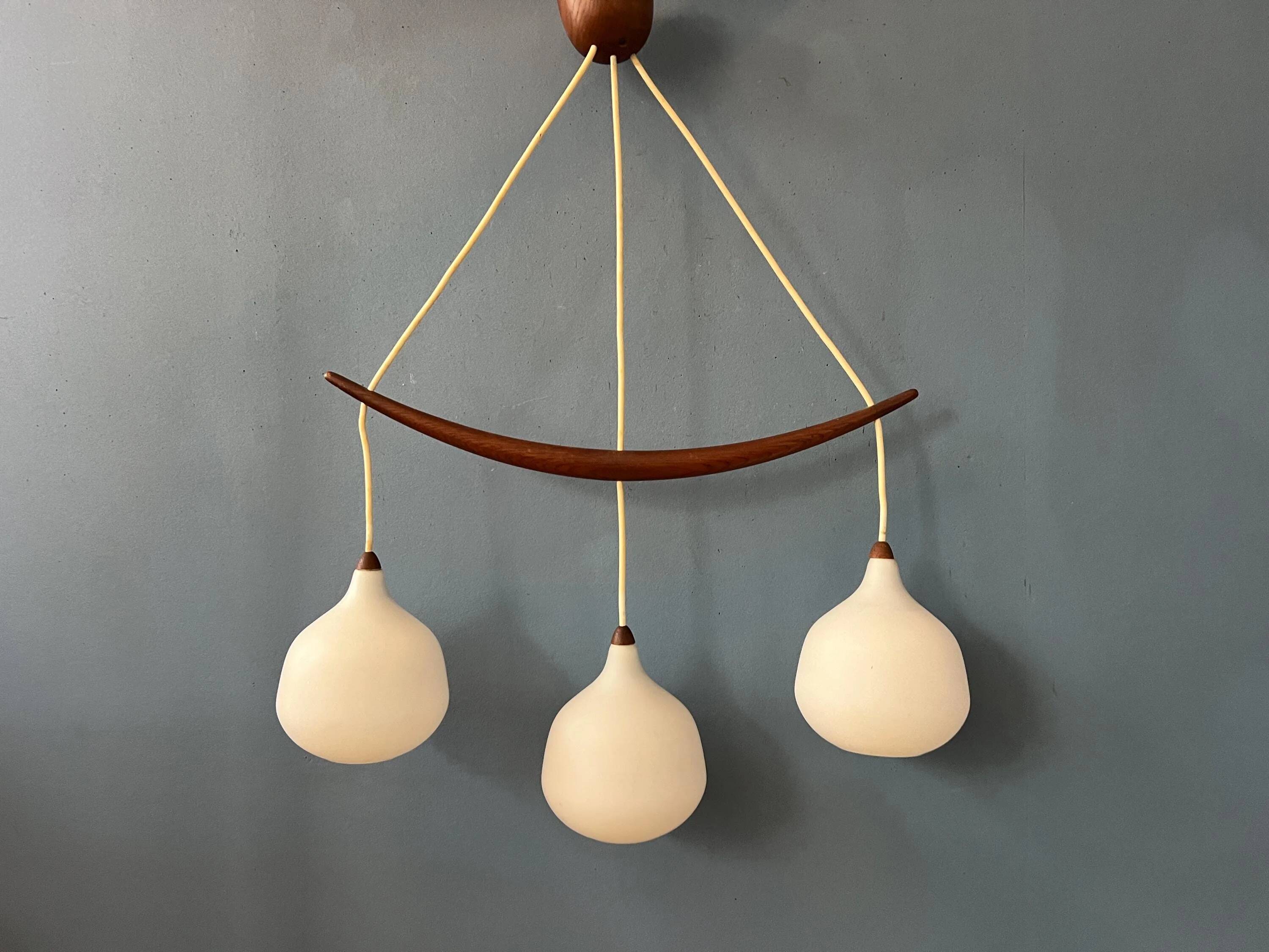 Teak wood and opaline glass chandelier 512 by Uno & Östen Kristiansson for Luxus, Sweden