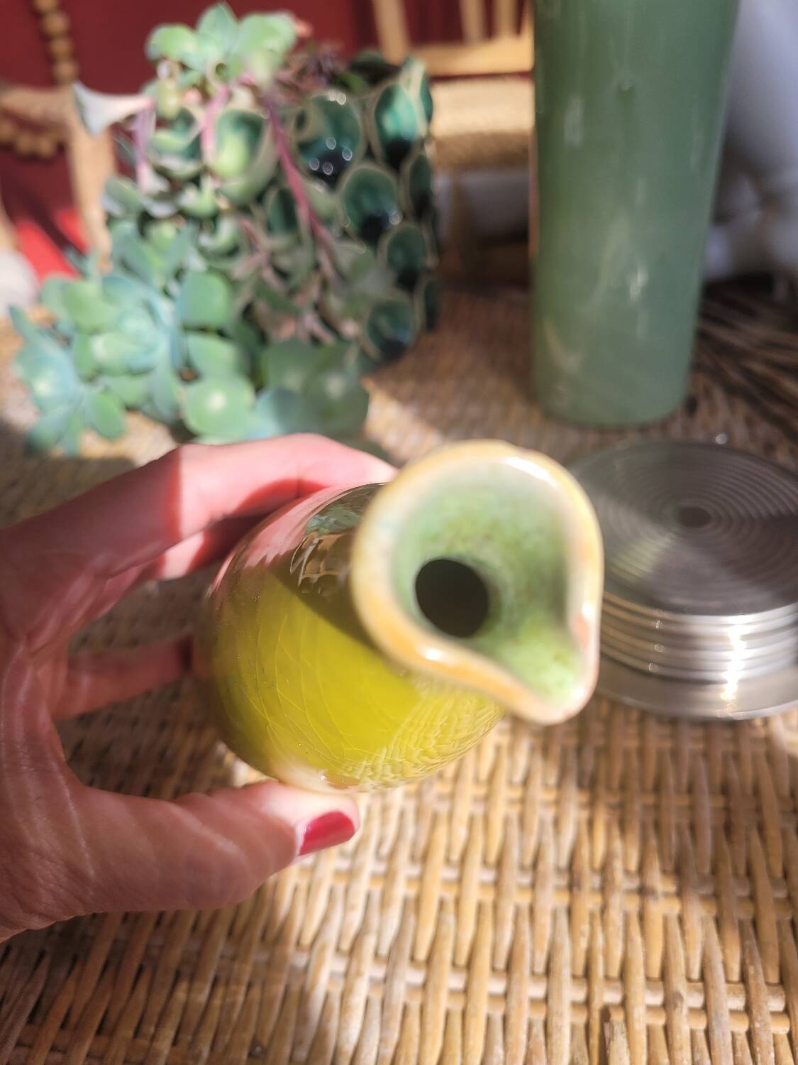 Anise green enamelled terracotta soliflore vase