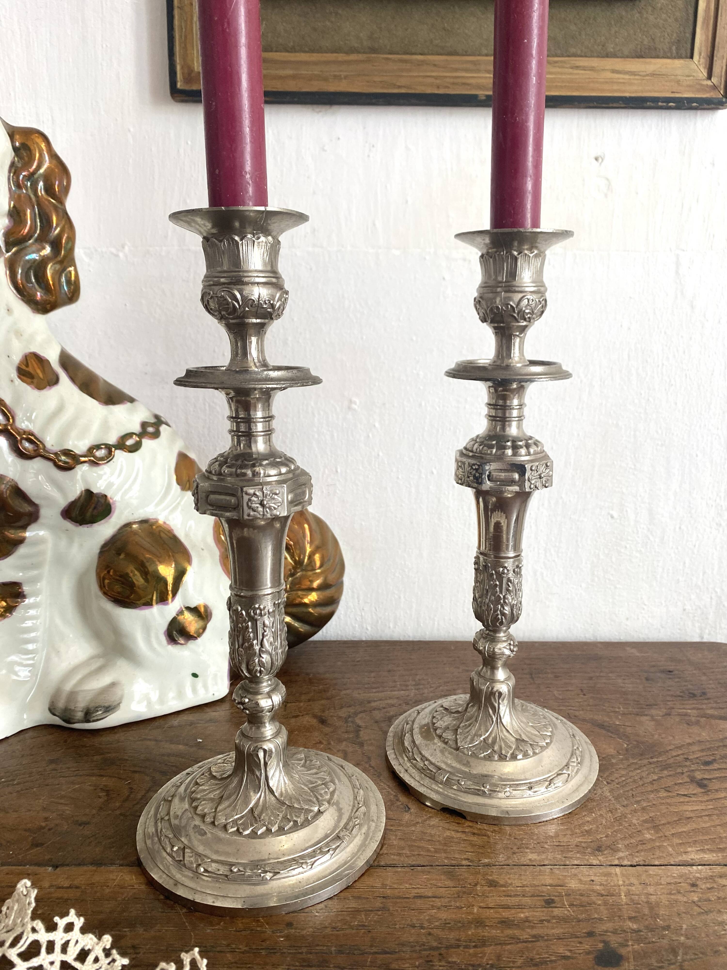 Antique silver-plated metal candlesticks
