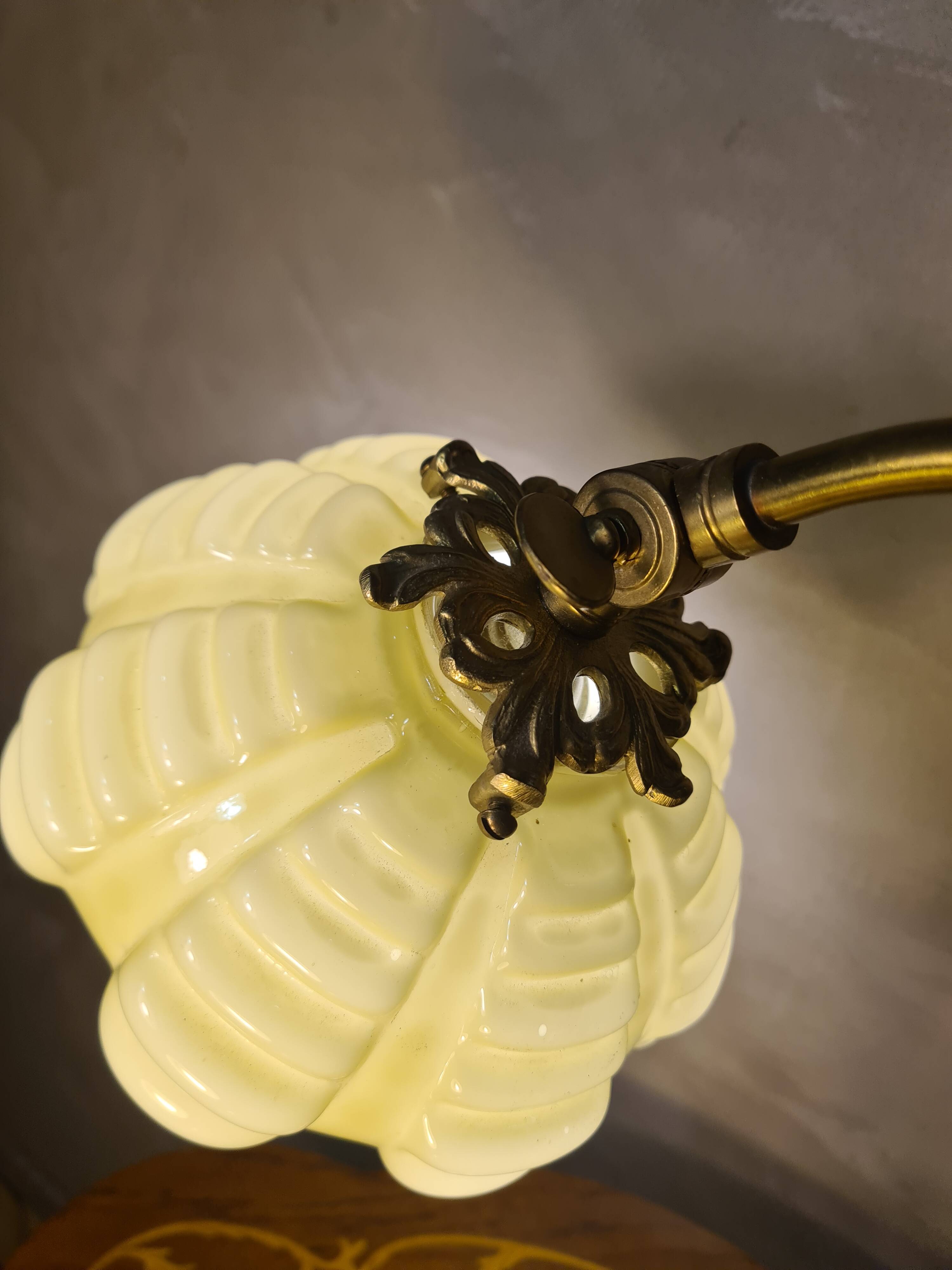 Bronze and brass lamp, opaline shade, 1950.