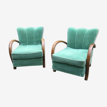 2 Green velvet armchairs from the 1930-1940 period
