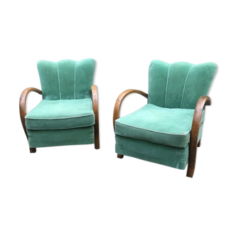 2 Green velvet armchairs from the 1930-1940 period