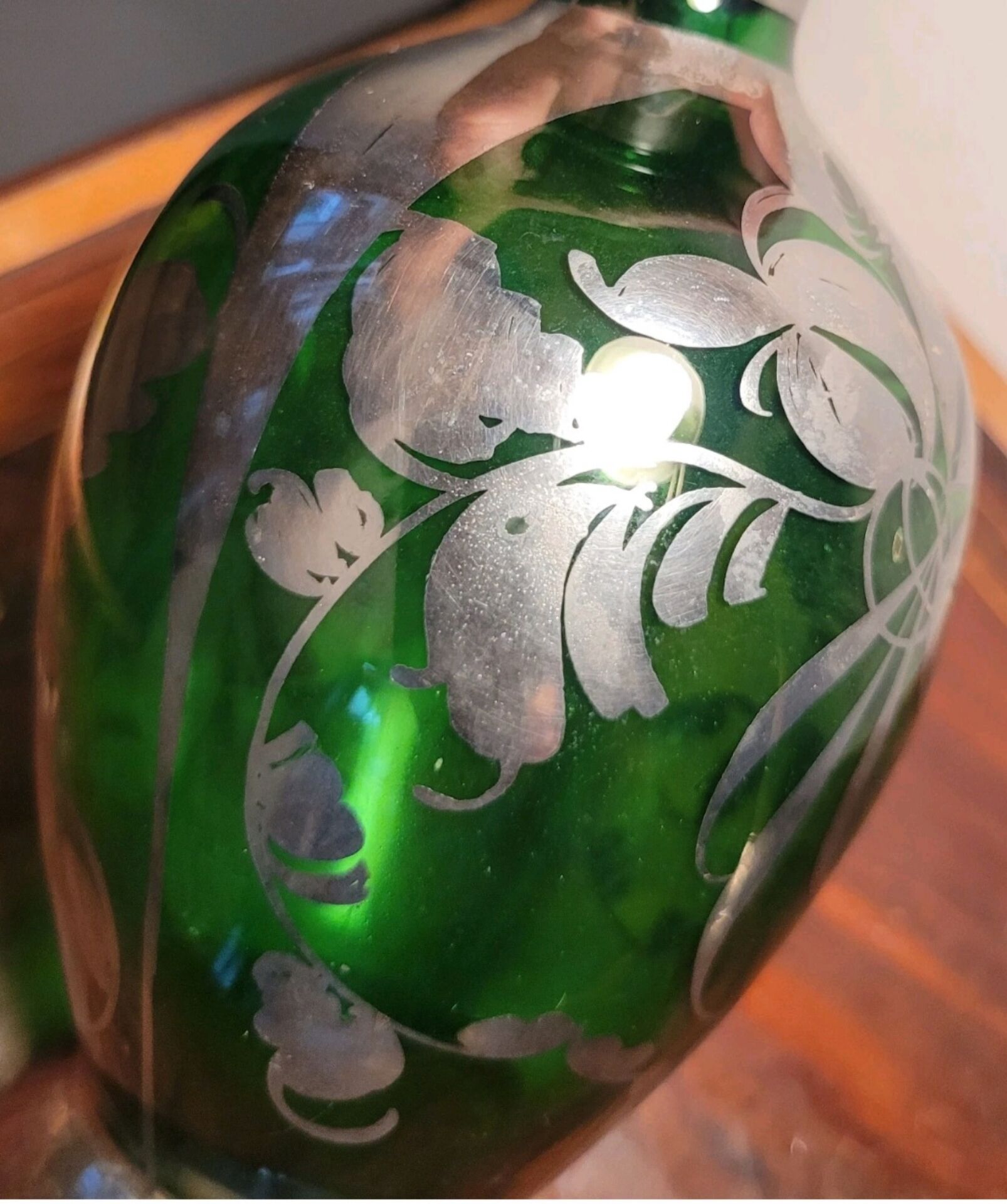 Murano glass alcohol bottle green & silver 1930s - 1940s.