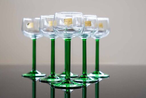 Luminarc france green stemmed liqueur/wine glasses, vintage, 1970s, set of 6